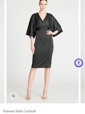 Theia Black Satin Kimono Midi Dress